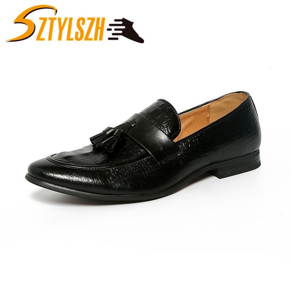 

men fashion crocodile grain tassel casual loafers shoes smoking slipper shoes man party driving wedding dress leather shoe, Black