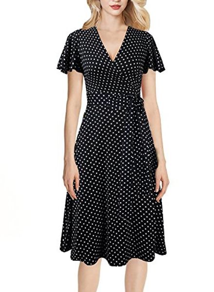 

vfshow womens v neck pockets print tie waist casual flare a-line wrap dress, Black;gray