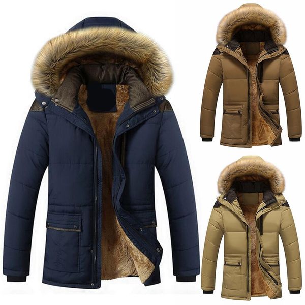 

parka men coat winter jacket men thicken fur collar hooded warm solid color coat with pockets casual, Black