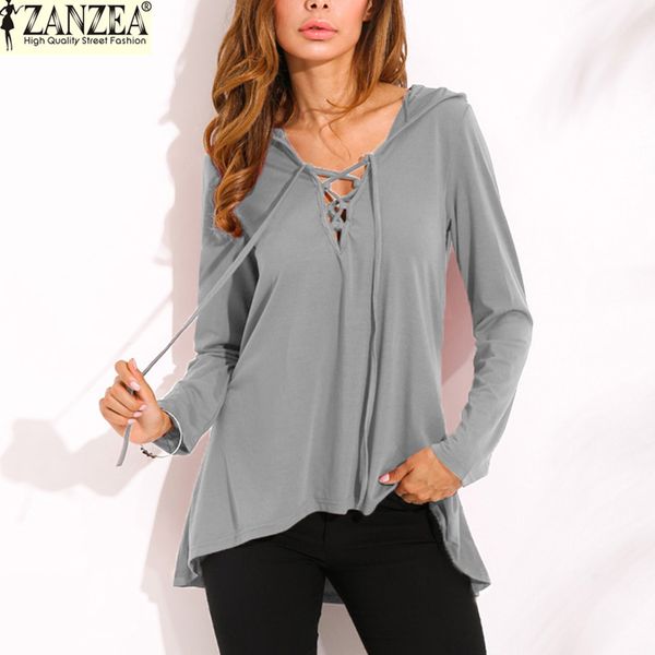 

zanzea women hooded blouses shirts 2019 spring autumn casual loose long sleeve solid pullovers blusas femininas plus size, White