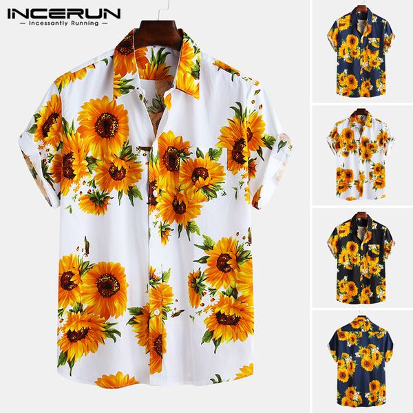 

incerun 2020 summer sunflower printed shirts men hawaiian vacation beach shirt short sleeve turn down collar blouse casual, White;black