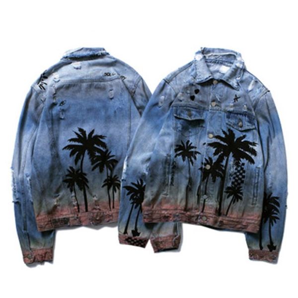 

mens brand jackets vintage denim cowboy shirts beach trees printed male female winter jacket casual coat elegant size s-xl, Black;brown