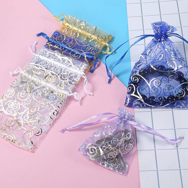 

50pcs multicolor cane gilt oganza rope bags jewelry bag gift storage bags 5 size golden/silver printing packaging selling, Pink;blue