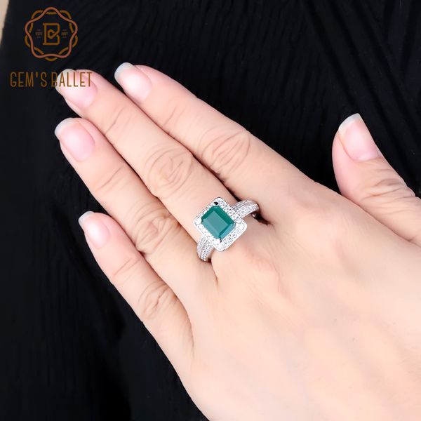 

gem's ballet 2.05ct classic women emerald cut natural green agate ring 925 sterling silver gemstone vintage rings fine jewelry, Golden;silver