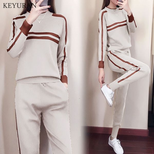 

2020 new autumn women knitted pullove sweater and pants 2 pieces sets casual clothing knit tracksuit striped suits sporting, Gray
