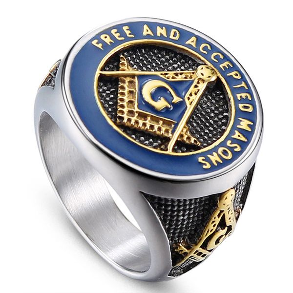 

man's seal ring stainless steel ason signet ring masonic for men bague band silver rings anillo masonic ring size 7 - 13, Golden;silver