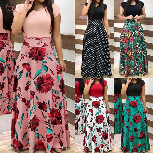

floral womens maxi dress short sleeve evening party summer beach long sundress ladies causal long dress designer clothes, Black;gray