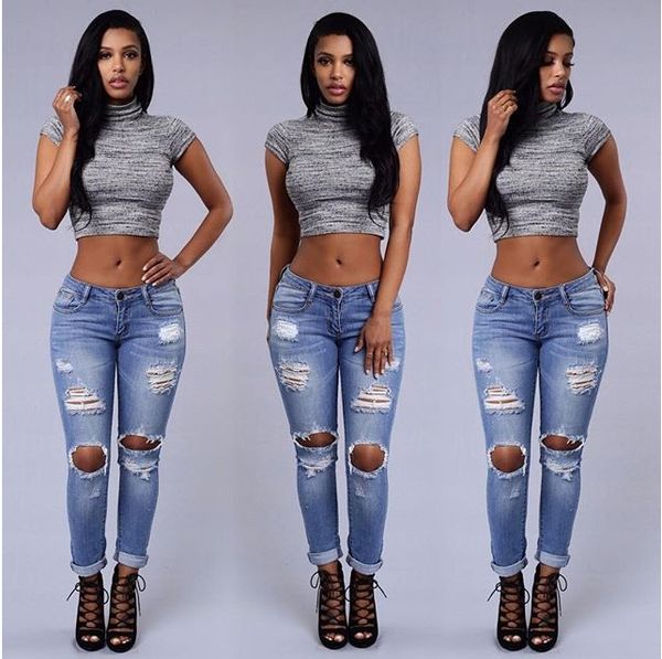 

boutique stretch cotton hole boyfriend pencil jeans blue ripped jeans woman denim pants trousers for women pencil skinny