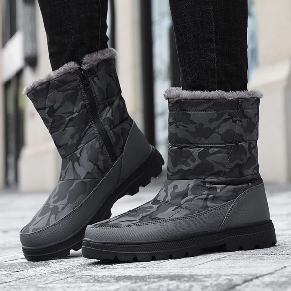 

camo plus velvet outdoor men winter shoes snow boots waterproof mid tube antiskid bottom keep warm warm snow ski boots side zip, Black