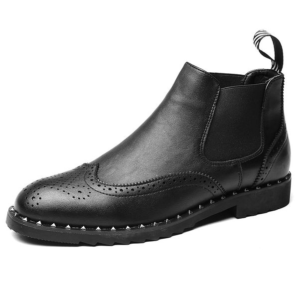 

boots men's casual banquet party dresses cow leather brogue shoes carved bullock spring autumn ankle boot, Black