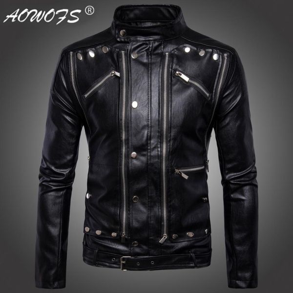 

code] european selling men locomotive multi-zipper men's leather clothing leather coat jacket b015, Black
