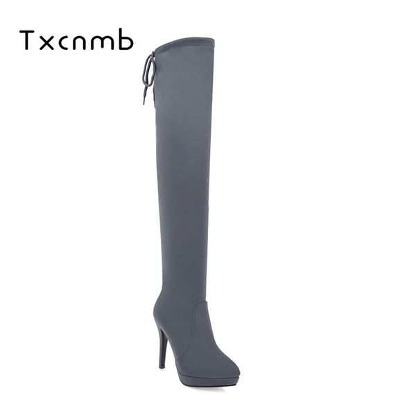 

txcnmb new big size 34-43 fashion autumn high heels round toe platform thigh high women boots thigh over the knee boots, Black
