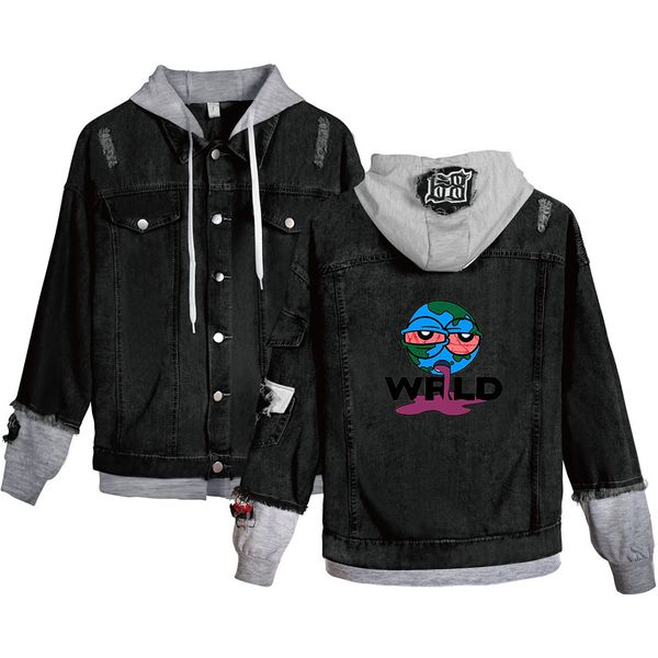

fake two pieces juice wrld print jeans jackets with hooded for men males casual denim jackets, Black;brown