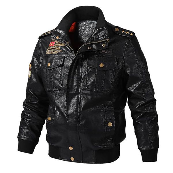 

bomber jacket men clothing leather pilot windproof coat warm winter outwear embroidery zipper up plus size dropshipping, Black