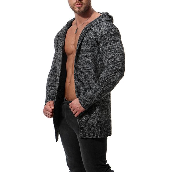

men's long casual knit sweater solid color long sleeve coat slim fit hooded pocket cardigan knitted coat high quality, White;black