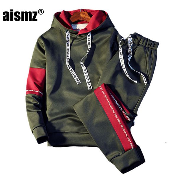 

aismz brand tracksuit men quality spring men sporting hooded hoodie+pants two piece sweat set jogger track suit for clothes, Gray