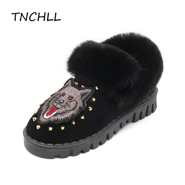 

casual women winter snow boots wolf tiger head flat heel cotton shoes rivet suede warm ladies shoes plush boots woman nse7503, Black