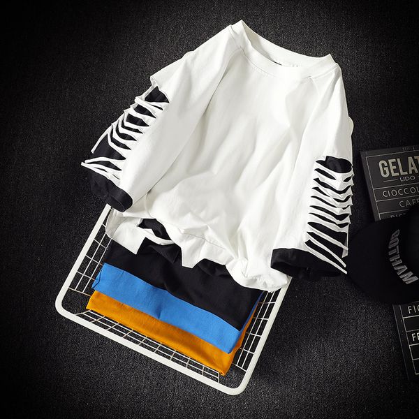 

men clothes hip design cool men pullover t-shirt hollow out short sleeve t-shirt patchwork false two pieces, White;black
