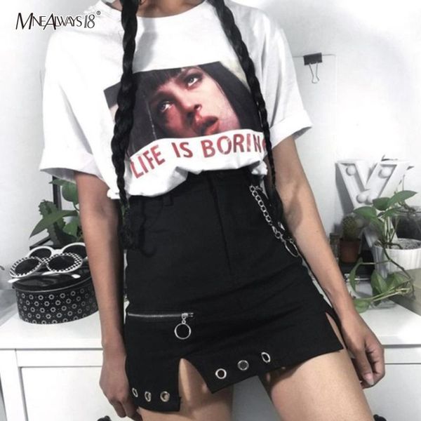

mnealways18 metal chain women skirts slit gothic mini skirt zipper up hollow out black skirts summer fashion 2020 streetwear