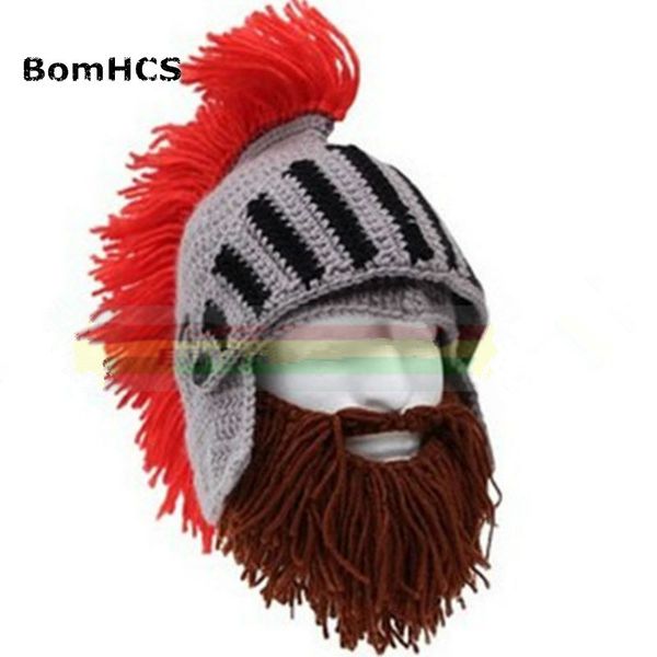 

bomhcs red tassel cosplay roman knight knit helmet men's caps original barbarian handmade winter warm beard hats funny beanies d1811060, Blue;gray