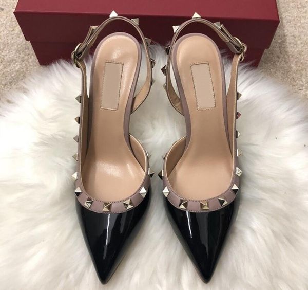 

2020 free shipping fashion Wedding women spikes black red Patent Poined Toes high HEELED heels Stiletto shoes Slingback PUMPS sandals