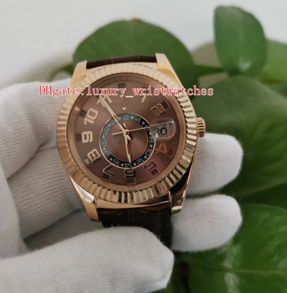 

elling men wristwatches leather strap 42mm gmt sky-dweller 326135-0001 digital 18k rose gold automatic mechanical mens watch watches, Slivery;brown