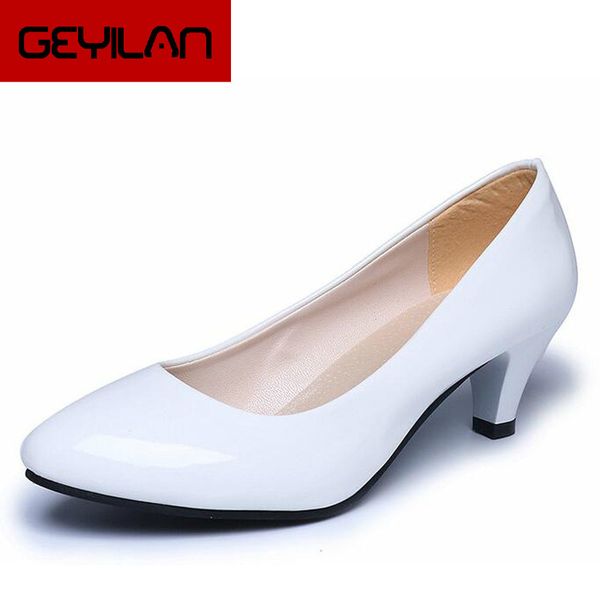 

summer shoes pointed toe woman patent leather fine with variety of med-heeled women shoes 35-40 996, Black