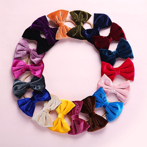 

30pc/lot 2019 new girls 4inch velvet knot bow nylon headband,solid bows elastic hair band children girls hair accessories, Slivery;white