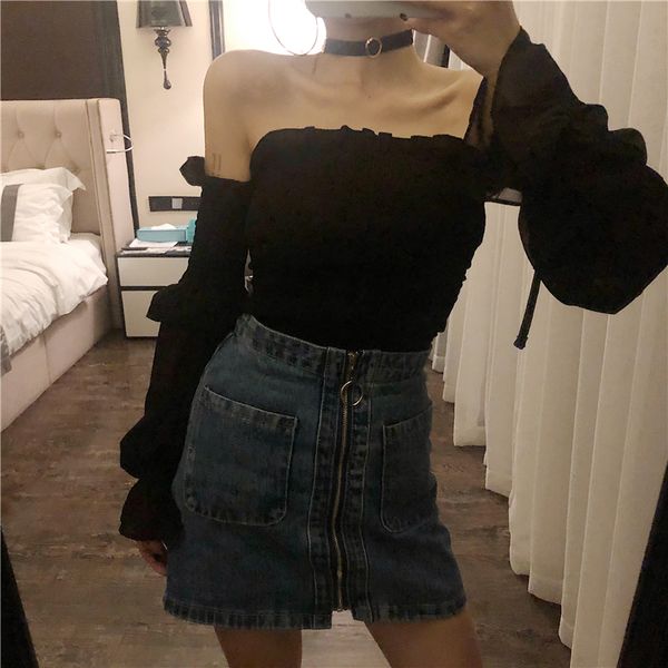 

summer fashion women a line high waist front zip up denim skirt casual zipper mini skirts pocket jeans blue, Black