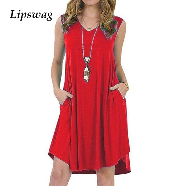 

Lipswag Sleeveless Pocket Fashion 8-color Casual Dress female Summer Sexy V-Neck Streetwear Women Dress Large Size Dress S-5XL