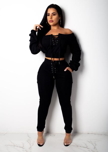 

women 2 piece outfit outfits lace up off shoulder crop and long bodycon pants set nightclub party tracksuit, White