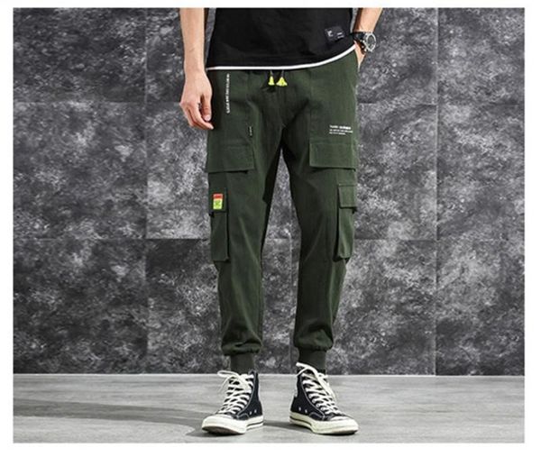 

fashion solid with big pocket cargo slacks casual drawstring rib bottom pants designer hippop homme pantalon, Black