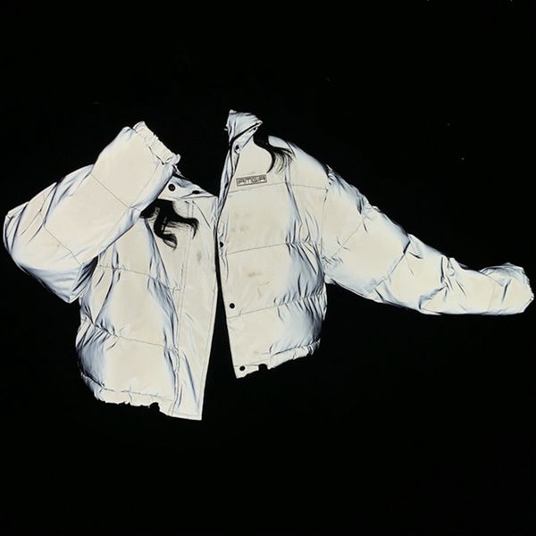 

winter loose glowing parka warm short reflective jacket women luminous outwear casual coat thick overcoat hip streetwear, Black
