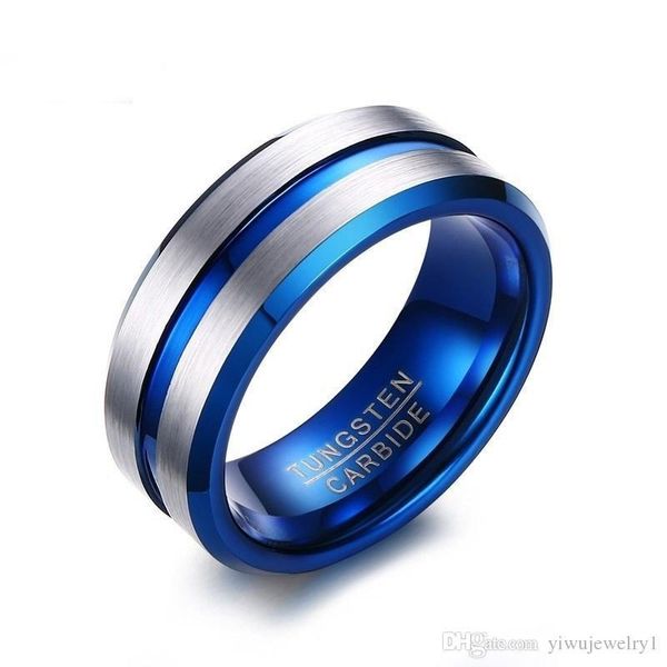 

men's polished grooved tungsten carbide rings 8mm blue brushed hammered wedding bands step edge ring size 6-13, Silver