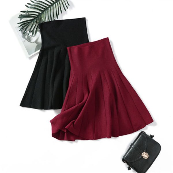 

designer knitted skirt short women pleated big swing mini casual elastic flared sweater skirts female midi high waist skirt woman micro, Black