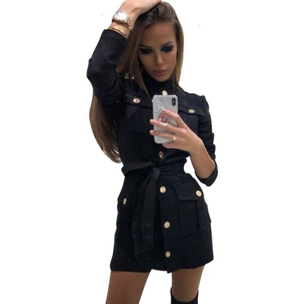 

women dress womens dresses single breasted design stand collar pockets black short dress with belt ol blouse drop shipping, Black;gray