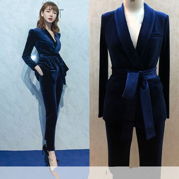 

set female fashion british style slim professional belt small suit two-piece gold velvet suit pants elegant female, White;black