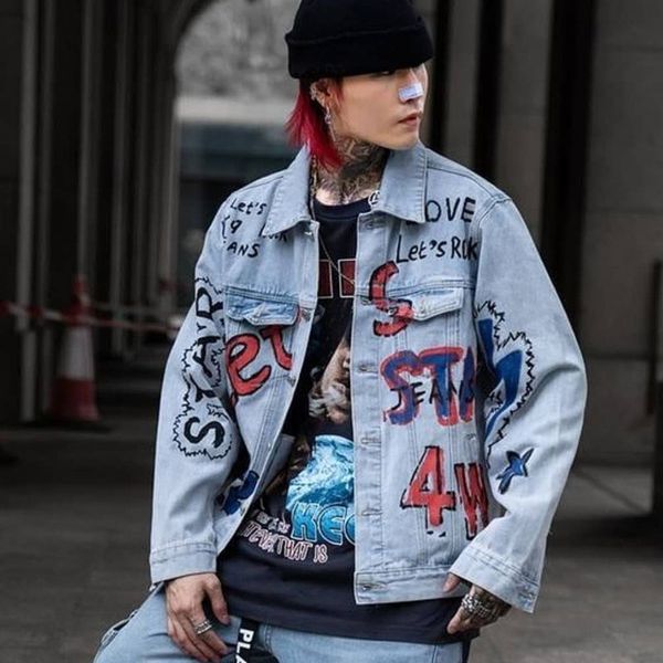 

letters graffiti jeans jacket men 2019 new fashion denim men's jacket hip hop jackets streetwear clothing, Black;brown
