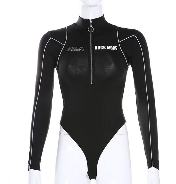 

autumn women's new reflective strip letter printed slim zipper jumpsuit, Black;white