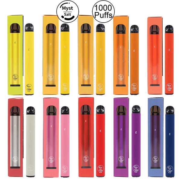 

Оригинал Myst Соль Plus 1000 + пуфы одноразовых устройства Vape Pen 650mAh Аккумулятор 3,2 мл Предварительно заполненная Starter Kit Портативная система Испарителей Vapor