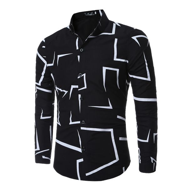

men shirt 2018 casual brand slim geometric printed long sleeve shirt business men social white clothes, White;black
