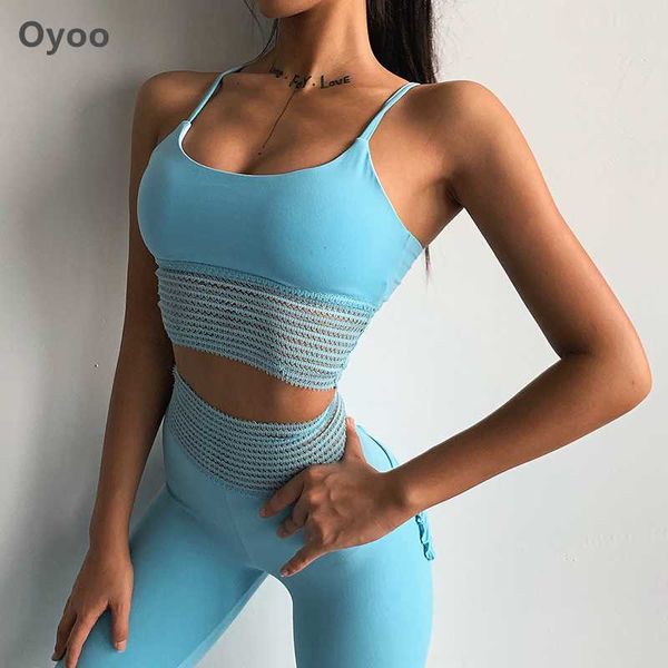 

oyoo pink 2 piece yoga set gym clothing blue mesh patchwork sport suit women padded sports bra+ fitness leggings workout outfit