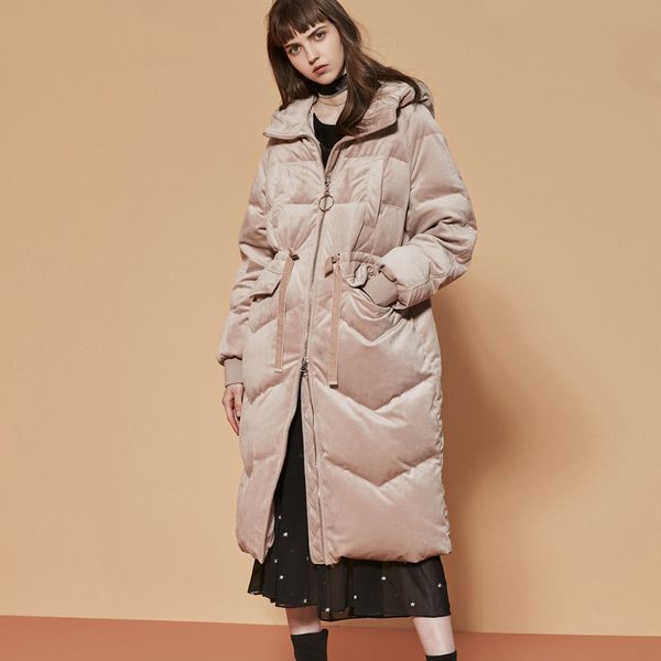 

womens' winter new velvet hooded drawstring down jacket Waist drawstring design Raglan sleeve, Black