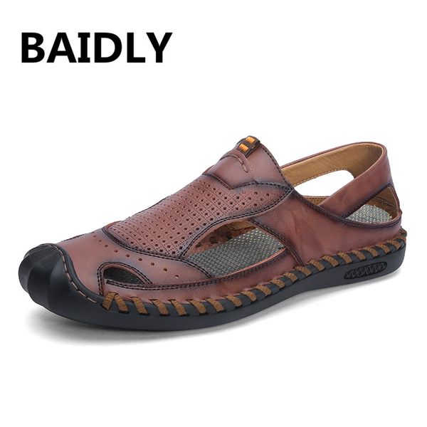 

new summer men sandals designer non-slip genuine leather men beach sandals breathable soft men's slippers big size 38-46, Black