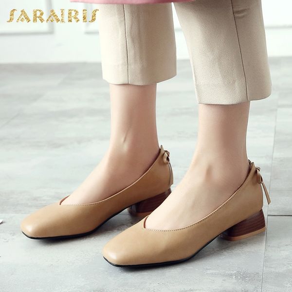 

sarairis fashion 2020 thick heels slip on office lady pumps woman shoes square toe concise shoes women pumps female, Black
