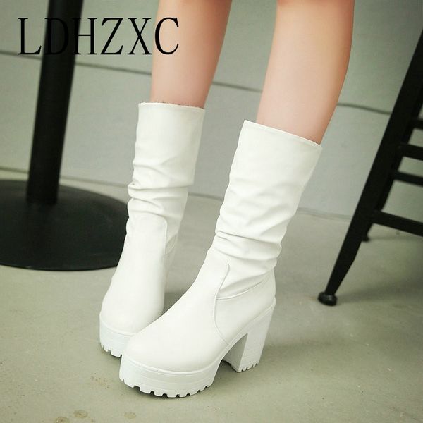

ldhzxc fashion black boots women autumn slip-on soft leather platform shoes woman party mid-calf boots high heels
