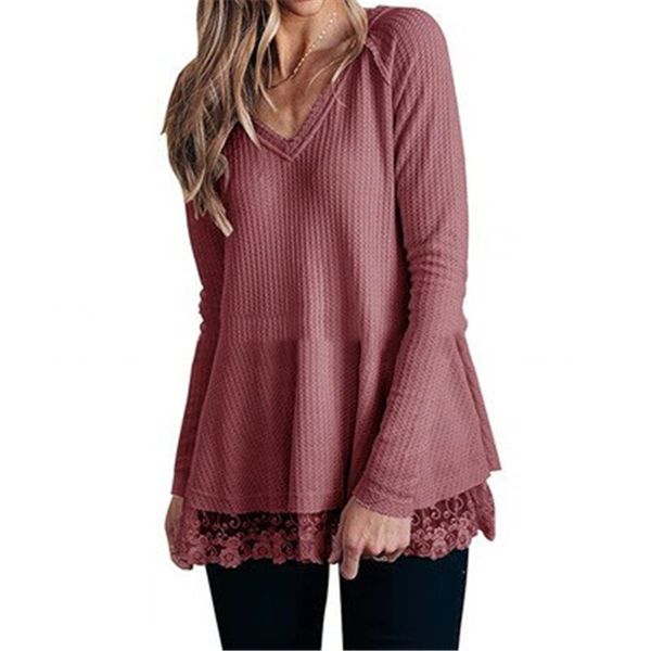 

autumn women lace panelled tshirt v neck ladies tees fashion designer solid long sleeve female apparel, White