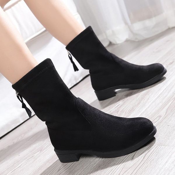 

eillysevens women's fashion boots leisure solid bounce round toe flat middle tube boots shoes botas mujer nieve rodilla#g35, Black
