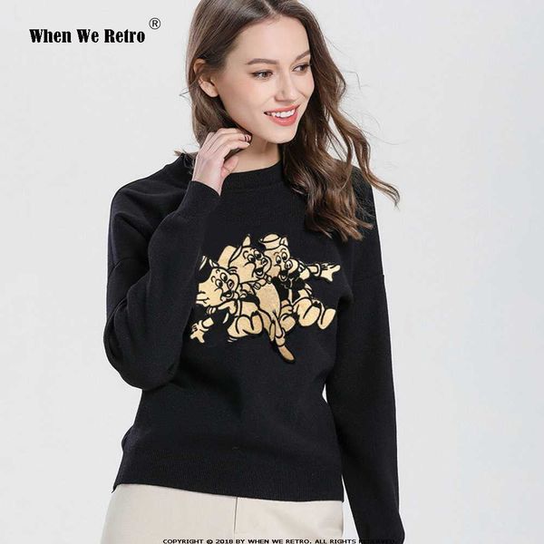 

when we retro spring 2019 new embroidery golden pig sequined sweater h7112 o-neck long sleeve women pullovers, White;black