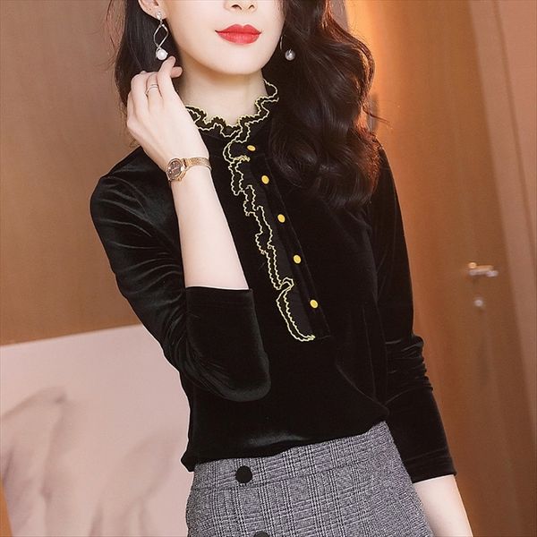 

new black women's long sleeve 2020 western gold velvet solid color wood temperament commuting slim inner match, White